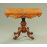 A Victorian walnut turnover top card table,