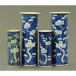 Two pairs of Chinese blue and white prunus pattern sleeve vases, late 19th century,