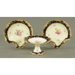 An Edwardian Royal Crown Derby comport, and two shell shaped dishes,