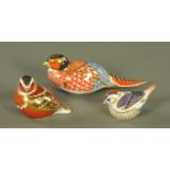 Three Royal Crown Derby Imari pattern paperweight birds,