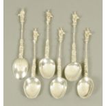 A set of six Continental silver apostle spoons, 19th century,