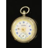 A silver cased foliate engraved pocket watch, with enamelled dial marked "H. Samuel, Manchester".