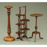 An Edwardian inlaid mahogany folding cake stand, a tripod table and plant stand.