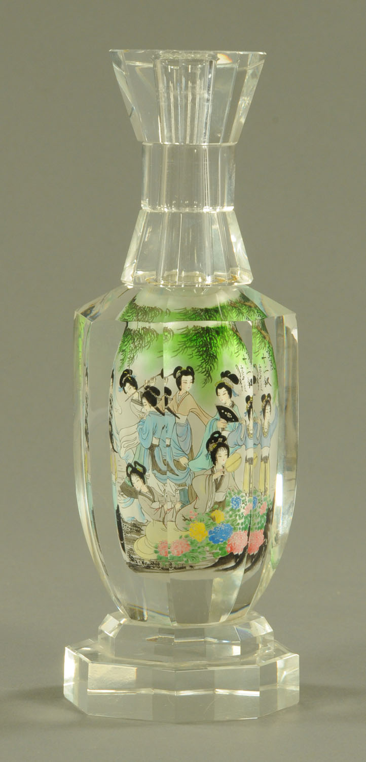 A Chinese interior painted glass bottle, 20th century, of hexagonal form, with waisted neck, - Image 3 of 5