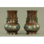 A pair of Chinese bronze and enamel vases, circa 1900,