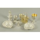 A 19th century Continental silver gilt basket, a pair of love heart shaped pierced bonbon dishes,