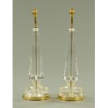 A pair of glass and brass table lamps, obelisk form. Height to top of light fitting 62 cm.