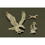 Three marcasite and silver backed brooches, early to mid 20th century, in the form of an eagle,