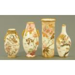 Four Royal Bonn pottery vases, decorated with blossoming branches with butterflies or birds,