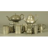 Six pewter tankards, two teapots and a jug.