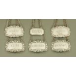 Six silver decanter labels, three, two and one, three Birmingham 1977,