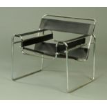 After Marcel Breuer, a "Wassily" leather and tubular chrome armchair, 77 cm wide,