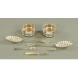 A pair of silver plated berry spoons, a pair of glass coasters,