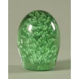 A Victorian green glass dump, internally decorated with a series of bubbles, height 13 cm.