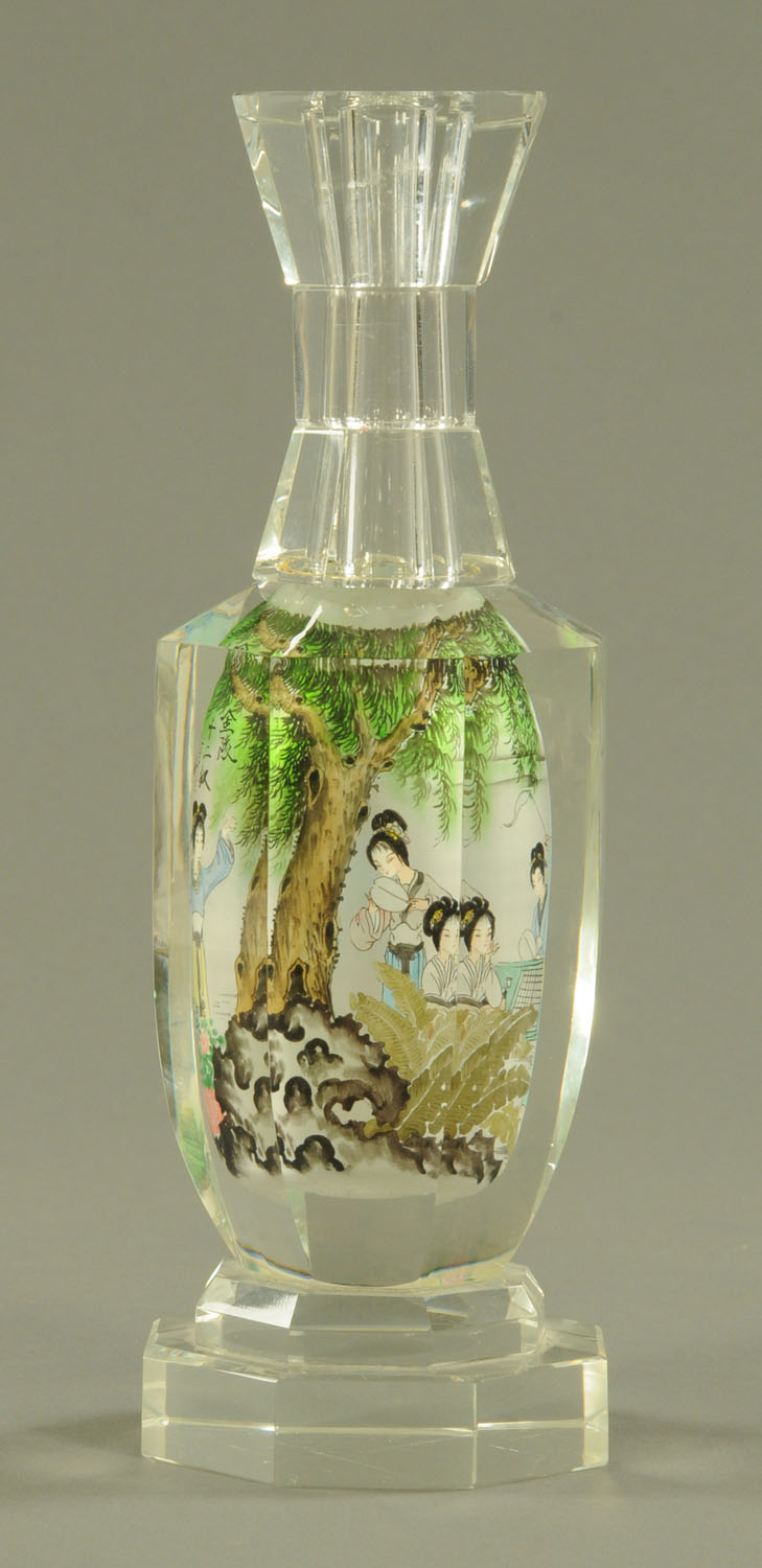 A Chinese interior painted glass bottle, 20th century, of hexagonal form, with waisted neck, - Image 5 of 5