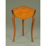 A foliate marquetry triangular three drop flap occasional table,