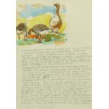 Percy Kelly, watercolour illustrated letter, three geese with goslings. 29 cm x 20 cm, framed.
