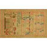 An early Victorian sampler, Marion Prentice 1846, alphabet, verse and house.