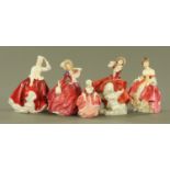 Five royal Doulton figurines, "Southern Belle", "Cheryl", "Autumn Breezes",
