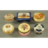 Six Continental porcelain trinket boxes, decorated with either courting couples,