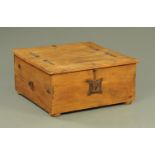 A Continental hardwood storage box, with twin hinged flap top each with locking mechanism,