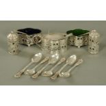 An Edwardian five piece silver cruet set, Henry Williamson Ltd, Birmingham 1907,