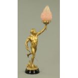 After E Picault, "Victoria", a gilded spelter table lamp, early 20th century, 76 cm high.