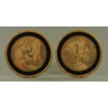 A pair of 19th century coloured mezzotints, mounted, circular,