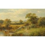 T Roberts, pastoral landscape with figures, signed, oil on board. 38 cm x 64 cm.