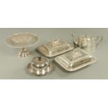 A pair of silver plated rectangular entree dishes, muffin dish, fruit basin and plated teapot.