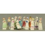 Twelve Royal Doulton "Kate Greenaway" figures, tallest 15 cm.