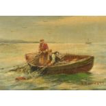 H T Bennett, 19th century, "Hauling in the Catch", signed, oil on canvas, 13 cm x 18 cm.