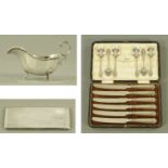 Assorted silver, comprising gravy boat, cigarette case,