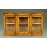 A Victorian inlaid walnut low breakfront glazed bookcase case,