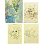 Philip McLeod Coupe, three pencil drawings and watercolour portrait of Josefina de Vasconcellos.