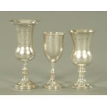 Judaica, three Kiddush silver goblets, comprising Sigmond Zytd, London 1924,