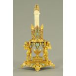 A French gilded metal and champleve enamel table light, late 19th century,