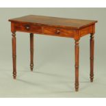 A Victorian mahogany two drawer side table, supported upon turned legs, 97 cm wide, 76 cm high,