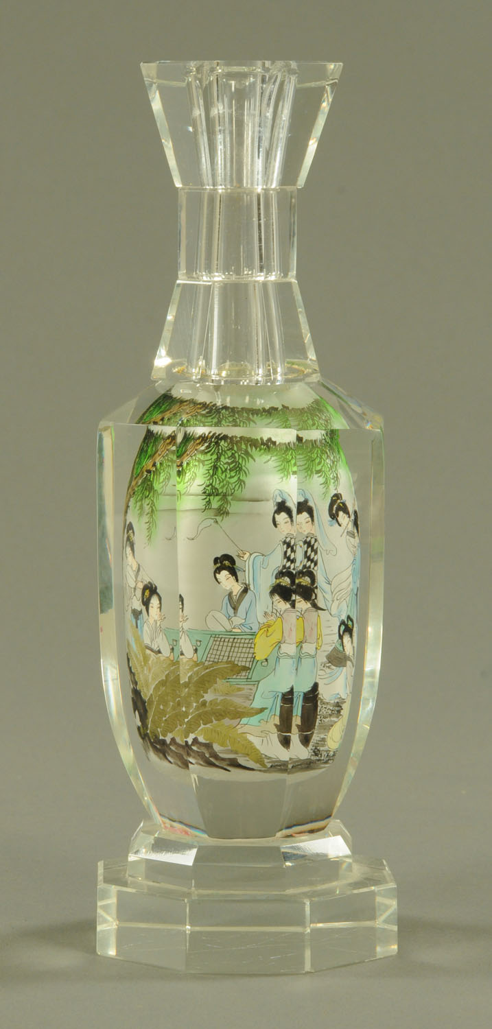 A Chinese interior painted glass bottle, 20th century, of hexagonal form, with waisted neck, - Image 4 of 5