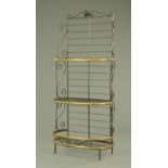 A French iron and brass bakers rack, three tier. Height 210 cm, width 97 cm.