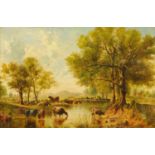 19th century English School, "Cows Watering", indistinctly signed, oil on canvas. 35.5 cm x 53.