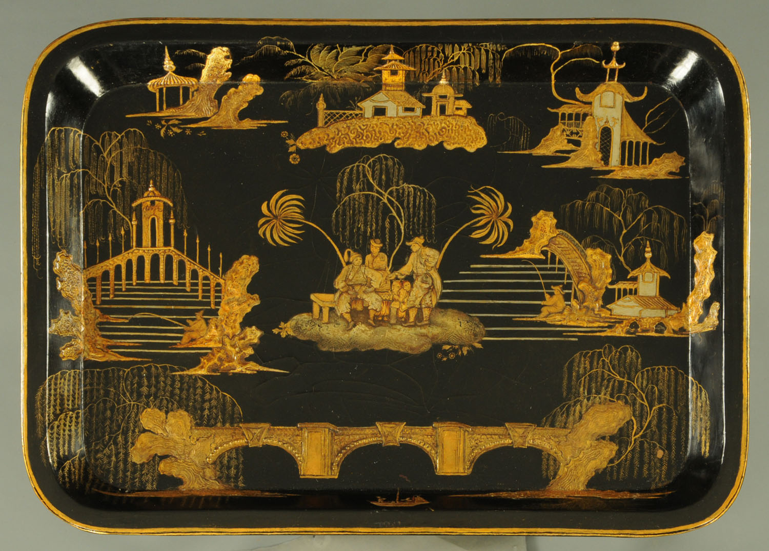 A good 19th century chinoiserie decorated papier mache and lacquered tray,