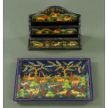A Persian inspired two division letter rack with matching tray.