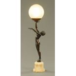 An Art Deco style metal table lamp, raised on a marble base. Height including shade 68 cm.