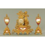 A French gilt metal and porcelain mounted clock garniture, late 19th century,