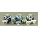 Three Chinese blue and white ginger jars, and a collection of blue and white tea bowls,