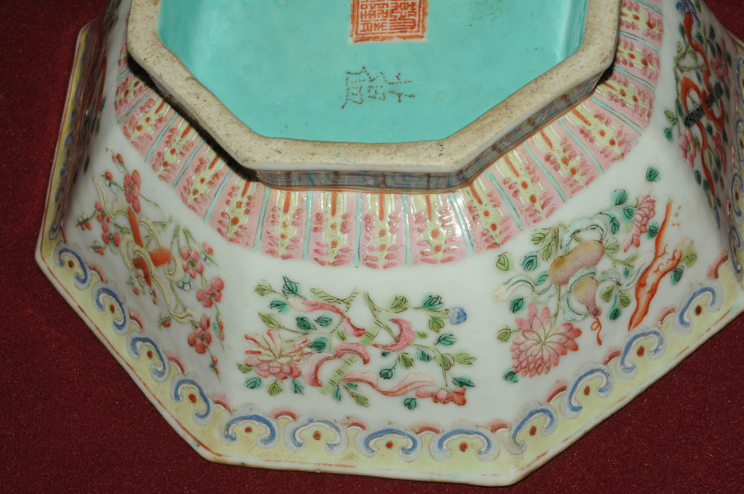 A Chinese famille rose octagonal bowl, 19th century, the interior with blue ground glaze, - Image 7 of 8