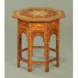 A Damascus hardwood and bone inlaid octagonal table, 19th century,