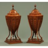A pair of George III Sheraton period knife urns, of faceted form inlaid with bellflower,