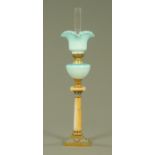 A French satin glass oil lamp, late 19th century,